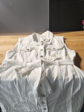 White Sleeveless Denim Dress with Waist Tie